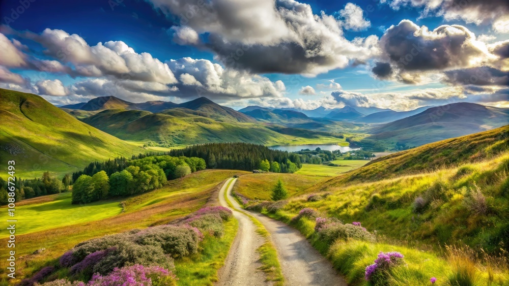 High Angle Parallax of Rolling Hills in Scottish Highlands on a Sunny Summer Day, Capturing the Beauty of Nature along West Highland Way, Lush Green Landscapes and Scenic Views High Angle Parallax of Rolling Hills in Scottish Highlands on a Sunny Summer Day, Capturing the Beauty of Nature along West Highland Way, Lush Green Landscapes and Scenic Views