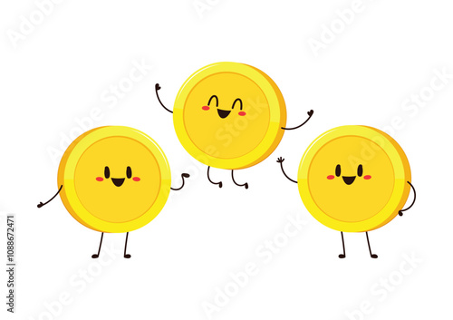 Gold coin in different poses. Money coin character. Funny vector cartoon characters isolated on white background.