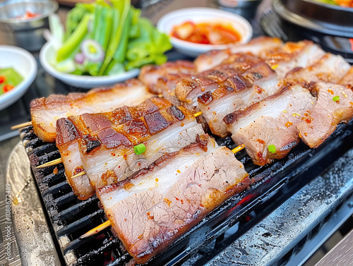 A top-down shot of Samgyeopsal sizzling on a traditional Korean grill, showing thick slices of pork belly with a golden-brown sear photo