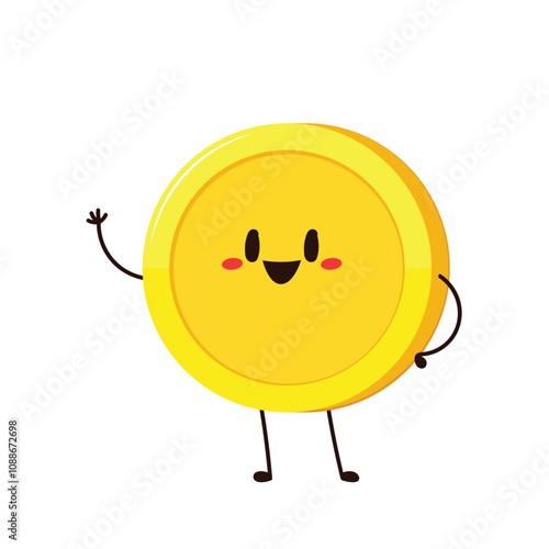 Gold coin in different poses. Money coin character. Funny vector cartoon characters isolated on white background.