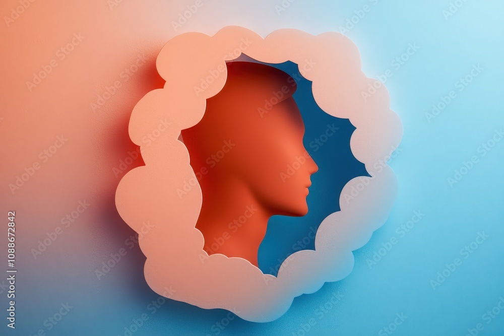 A woman's head is floating in a cloud of pink and white A woman's head is floating in a cloud of pink and white