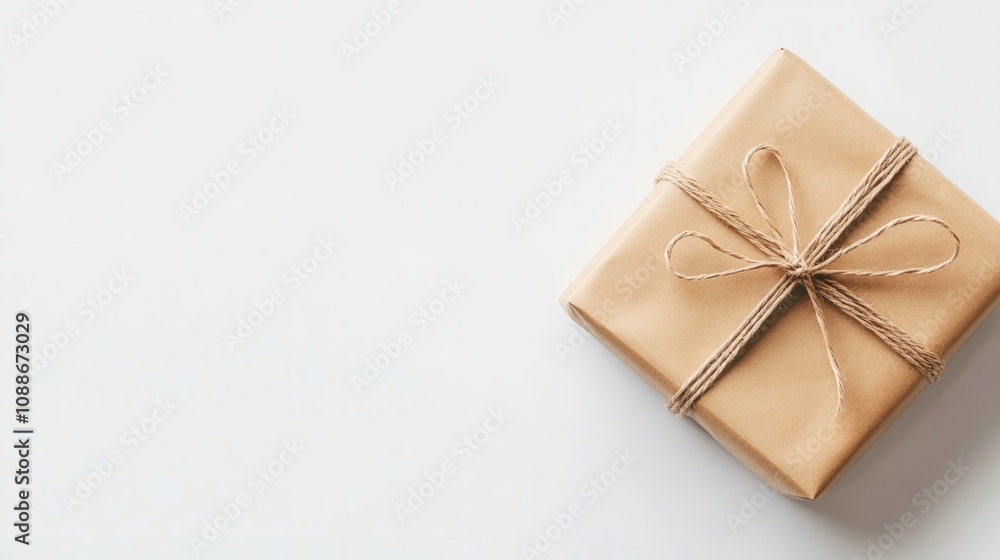 Elegant kraft paper gift with twine bow, thoughtfully arranged on a pristine white surface, perfect for minimalistic celebrations and special occasions Elegant kraft paper gift with twine bow, thoughtfully arranged on a pristine white surface, perfect for minimalistic celebrations and special occasions
