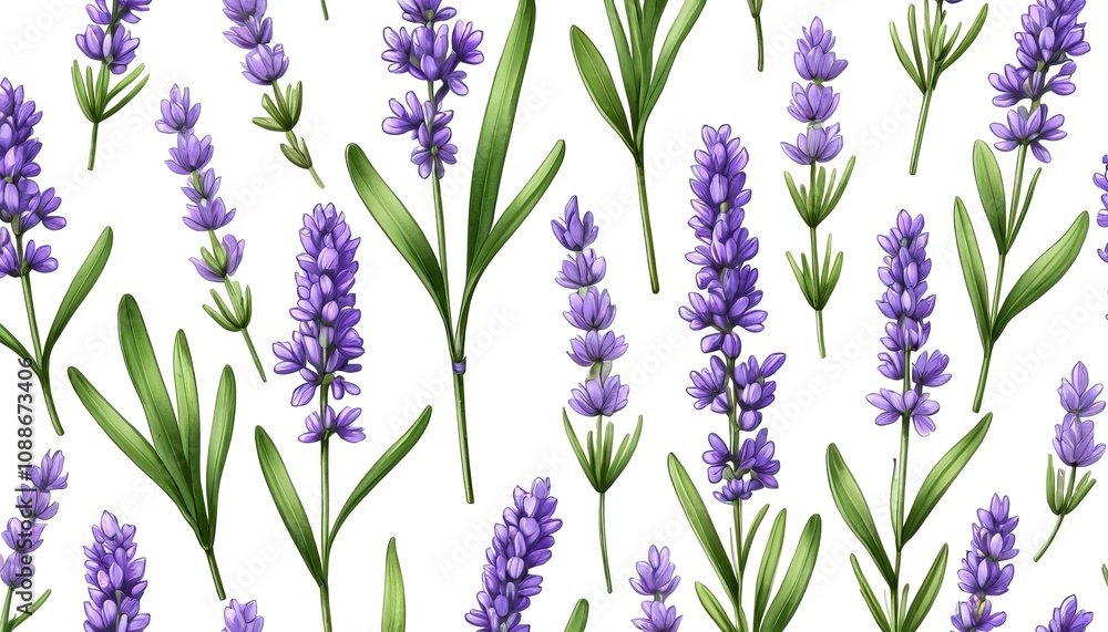 Fototapeta premium Seamless lavender pattern with green leaves on white background
