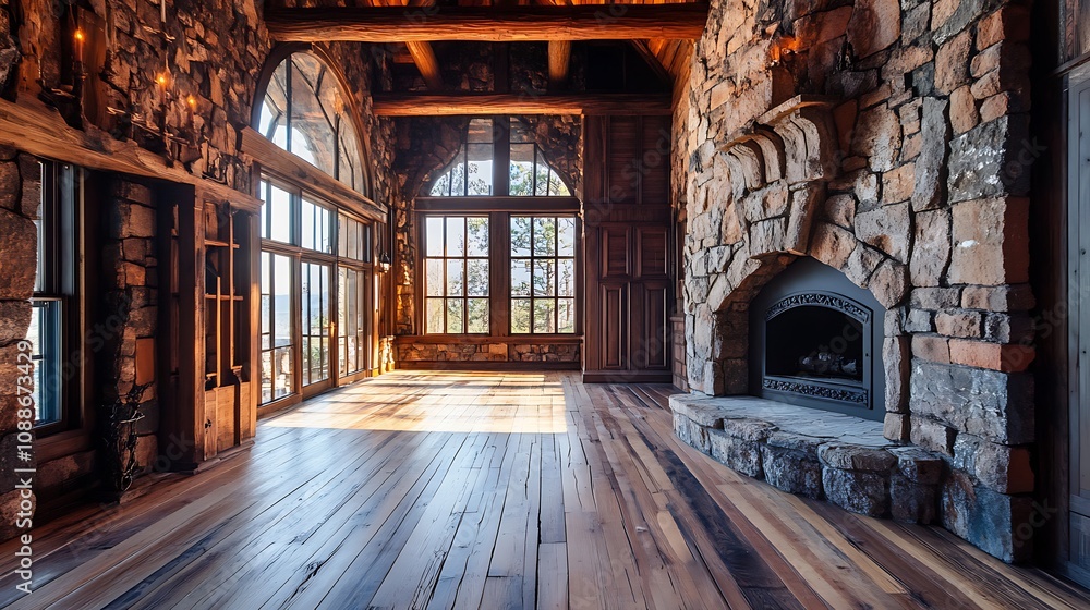 Rustic Luxury Living Room with Stone Fireplace and Large Windows Rustic Luxury Living Room with Stone Fireplace and Large Windows