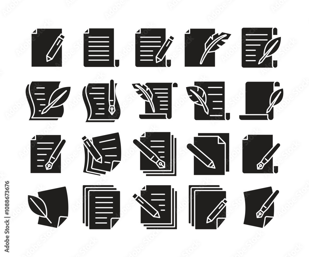 contract document and pen glyph icons set contract document and pen glyph icons set