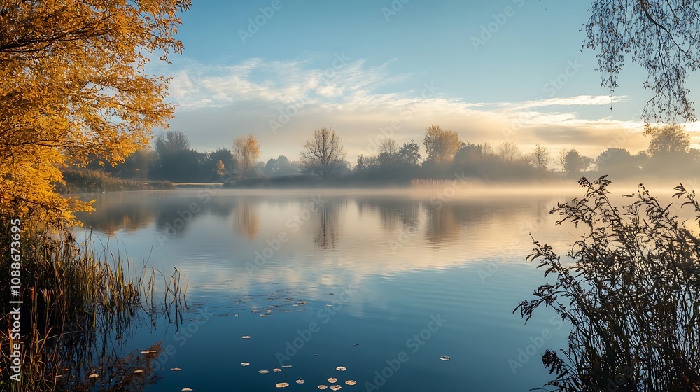Fototapeta premium Misty Autumn Lake Sunrise