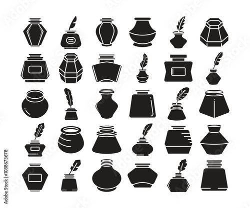 inkwell bottle with feather glyph icons set