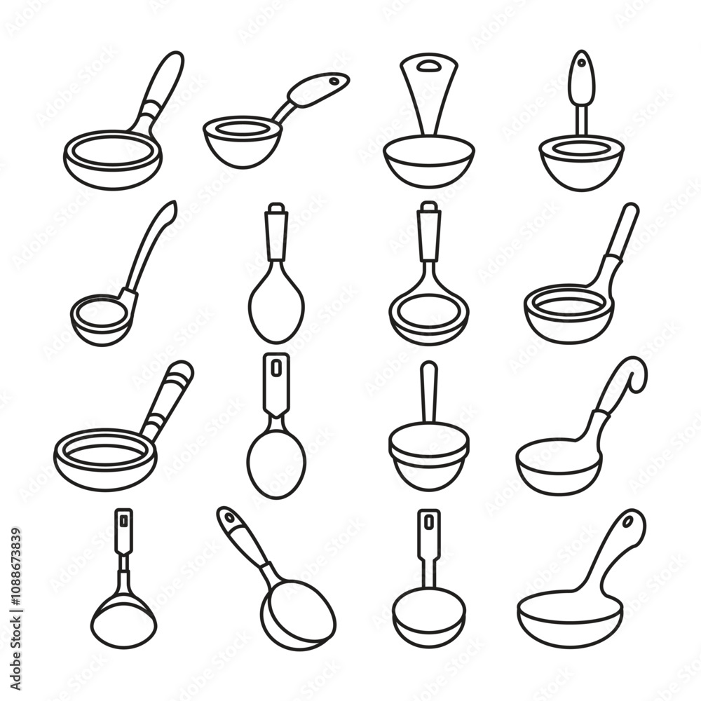ladle and spoon icons set line illustration