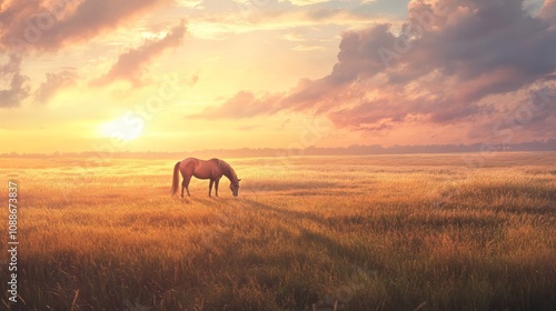 Serene Sunrise Over Tranquil Field, a calm dawn illuminates a vast meadow, tall grass sways gently, a horse grazes peacefully, embodying rural tranquility and harmony. photo