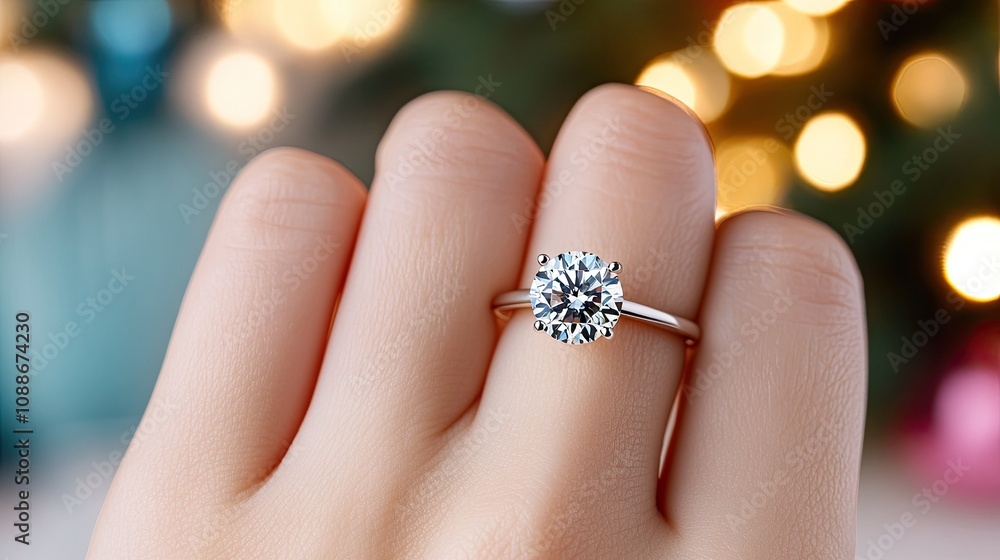 A woman's hand adorned with a stunning diamond ring glimmers in a softly blurred background, capturing the beauty of engagement A woman's hand adorned with a stunning diamond ring glimmers in a softly blurred background, capturing the beauty of engagement