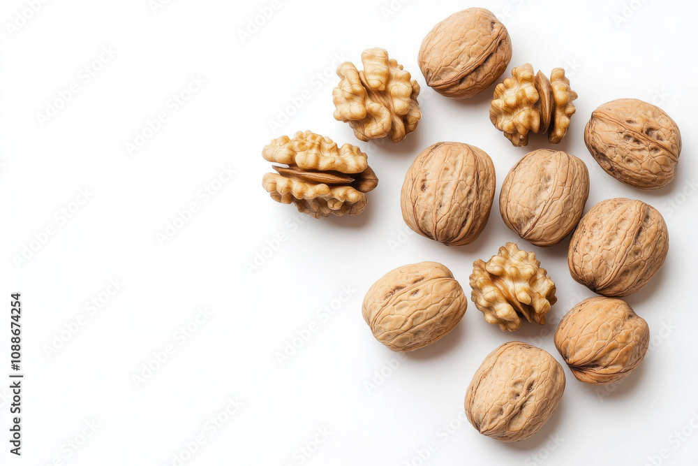 collection of walnuts on white background, showcasing their natural texture and shape. arrangement highlights both whole and shelled walnuts, creating visually appealing display collection of walnuts on white background, showcasing their natural texture and shape. arrangement highlights both whole and shelled walnuts, creating visually appealing display