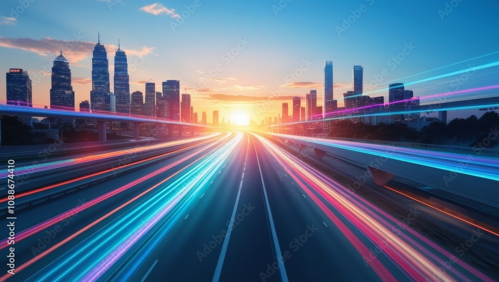 Obraz premium A blurred cityscape of tall buildings with a highway leading into the distance with colorful light trails.