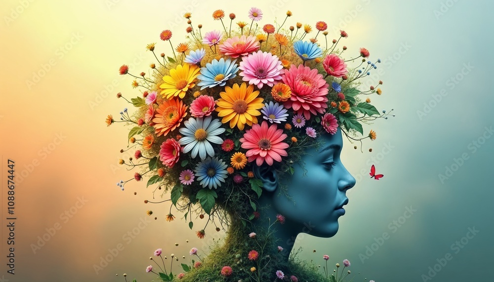 Artistic profile of a woman with a floral headdress surrounded by vibrant flowers and a dreamy background Artistic profile of a woman with a floral headdress surrounded by vibrant flowers and a dreamy background