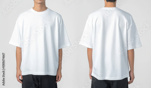 plain white oversized t shirt displayed from front and back, showcasing its simple design and relaxed fit. Perfect for casual wear or layering