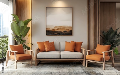 Modern living room interior with wooden furniture and abstract art. photo