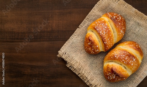 Sweet bread on burlap on old wooden background viewed from above, Generative AI  photo