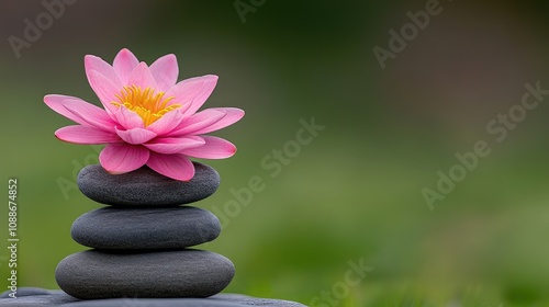 Serene stack of stones with a beautiful pink lily flower against a calming green bokeh background perfect for spa relaxation