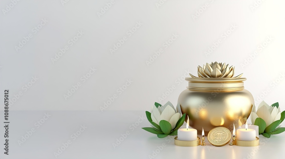 Vector illustration of Akshaya Tritiya celebration with a golden kalash, gold coins on decorated background.illustration Vector illustration of Akshaya Tritiya celebration with a golden kalash, gold coins on decorated background.illustration