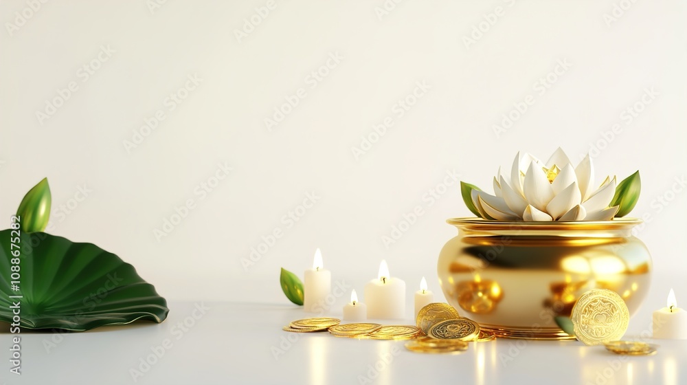Vector illustration of Akshaya Tritiya celebration with a golden kalash, gold coins on decorated background.illustration Vector illustration of Akshaya Tritiya celebration with a golden kalash, gold coins on decorated background.illustration