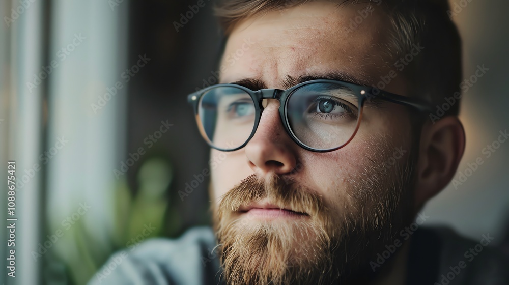 A man with a beard and glasses looks thoughtfully off to the side. A man with a beard and glasses looks thoughtfully off to the side.