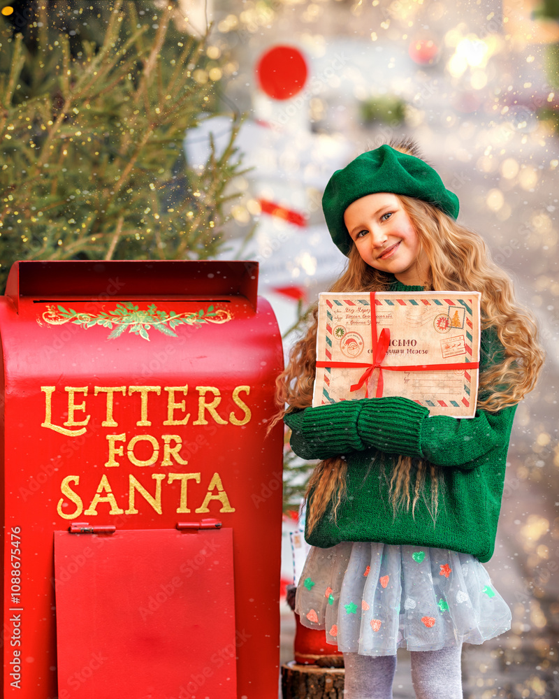 Little girl kid sending letter to Santa, Christmas time mailbox at winter in New Year, Xmas decoration around