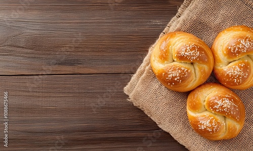 Sweet bread on burlap on old wooden background viewed from above, Generative AI  photo