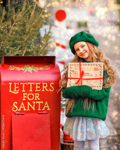 Obraz na płótnie Little girl kid sending letter to Santa, Christmas time mailbox at winter in New Year, Xmas decoration around w salonie