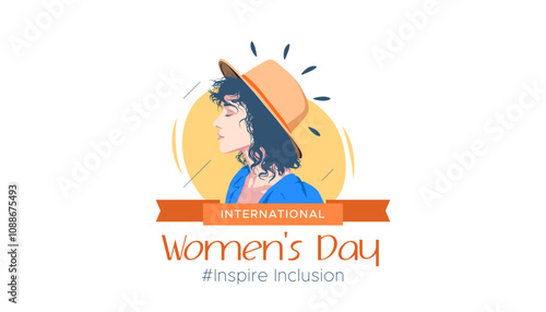 concept design commemorating international women's day, inspiring inclusion. The design features an illustration of a woman wearing a hat looking sideways on a white background