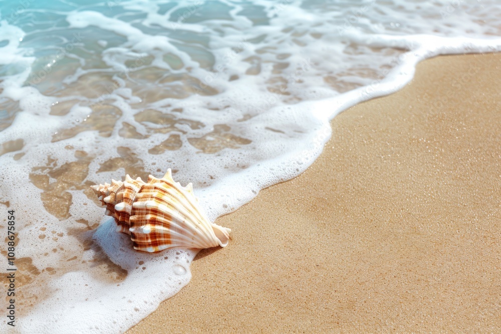 Seashell Beach. Conch Shell on Sandy Shore with Copy Space and Ocean Wave Seashell Beach. Conch Shell on Sandy Shore with Copy Space and Ocean Wave
