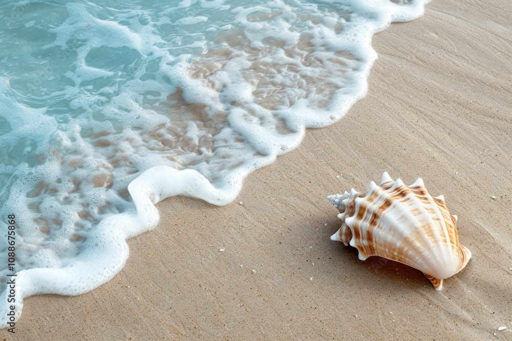Seashell Beach. Conch Shell on Sandy Shoreline with Ocean Waves in Horizontal Composition Seashell Beach. Conch Shell on Sandy Shoreline with Ocean Waves in Horizontal Composition