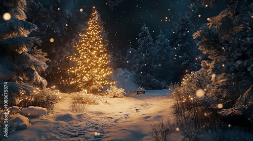  Fantastic winter landscape with Christmas tree. 3D render photo