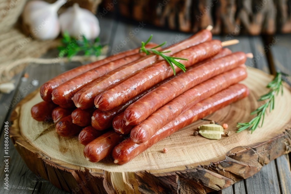 Snack Sticks. Many Sharpened Meat Sticks on Wooden Board Snack Sticks. Many Sharpened Meat Sticks on Wooden Board