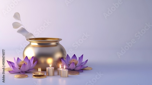 Vector illustration of Akshaya Tritiya celebration with a golden kalash, gold coins on decorated background.illustration