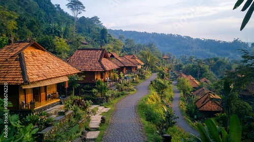 Wallpaper Mural Hillside village with traditional houses, winding road, lush greenery, and mountain views at sunrise. Torontodigital.ca