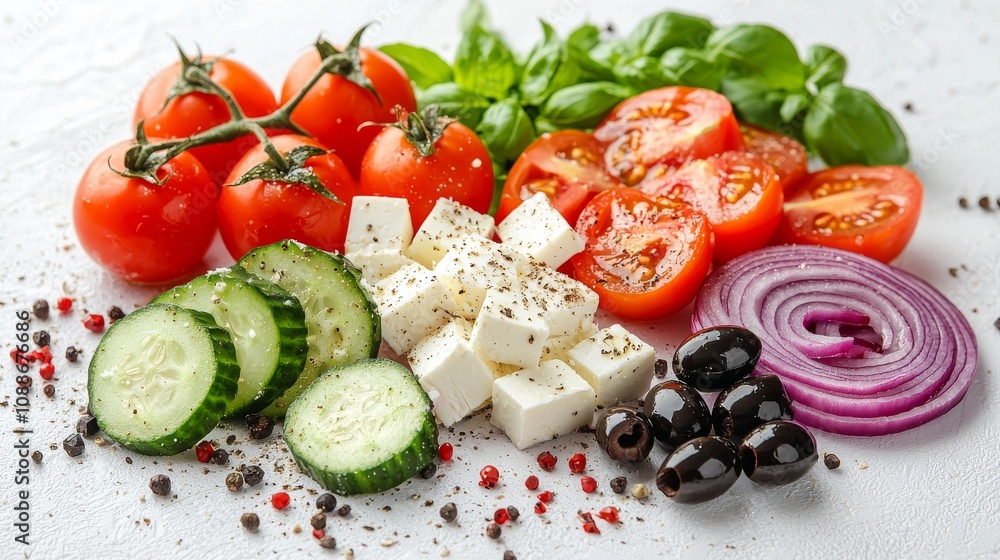 An inviting display of salad ingredients like cherry tomatoes, cucumbers, olives, feta cheese, and fresh basil, ideal for promoting healthy eating and culinary creativity. An inviting display of salad ingredients like cherry tomatoes, cucumbers, olives, feta cheese, and fresh basil, ideal for promoting healthy eating and culinary creativity.