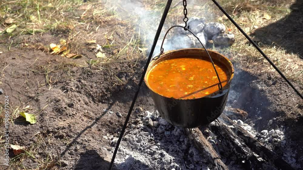 Cook red Ukrainian borscht over a campfire while hiking. Cooking food over a fire. Cauldron outdoor forest Cook red Ukrainian borscht over a campfire while hiking. Cooking food over a fire. Cauldron outdoor forest