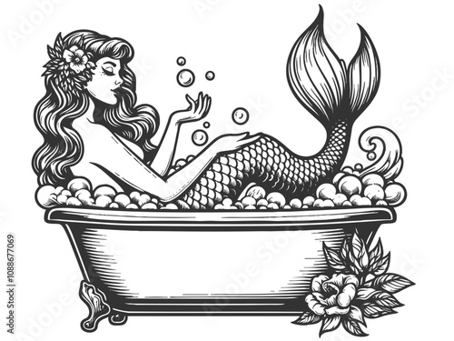 mermaid lounging in a clawfoot bathtub filled with bubbles, combining fantasy and whimsical charm sketch engraving generative ai vector illustration. Scratch board imitation. Black and white image.