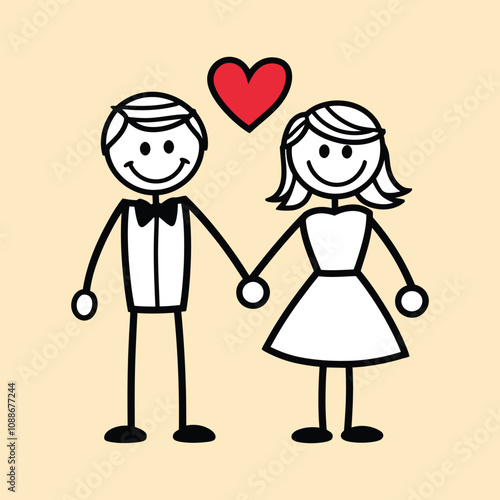 Stick Figure Wedding Couple with Heart Illustration