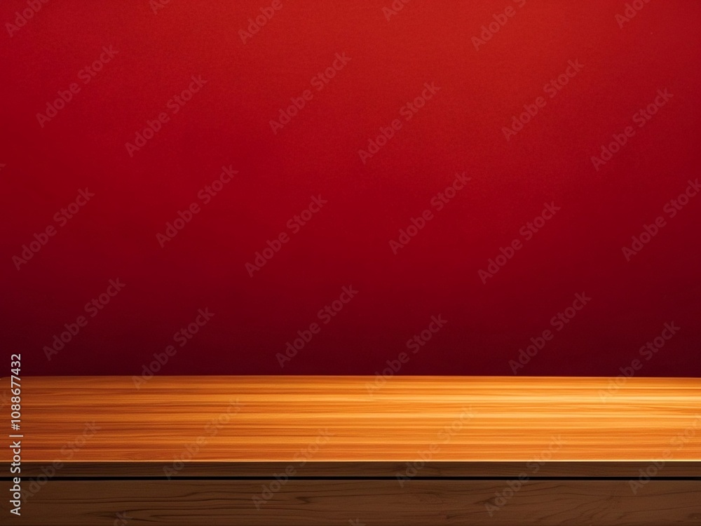 Wood table and red wall background, Wooden shelf, counter for food and kitchen product display montage backdrop, Tabletop, desk surface banner, mockup, template presentation background, wallpaper