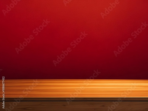 Obraz na płótnie Wood table and red wall background, Wooden shelf, counter for food and kitchen product display montage backdrop, Tabletop, desk surface banner, mockup, template presentation background, wallpaper w salonie
