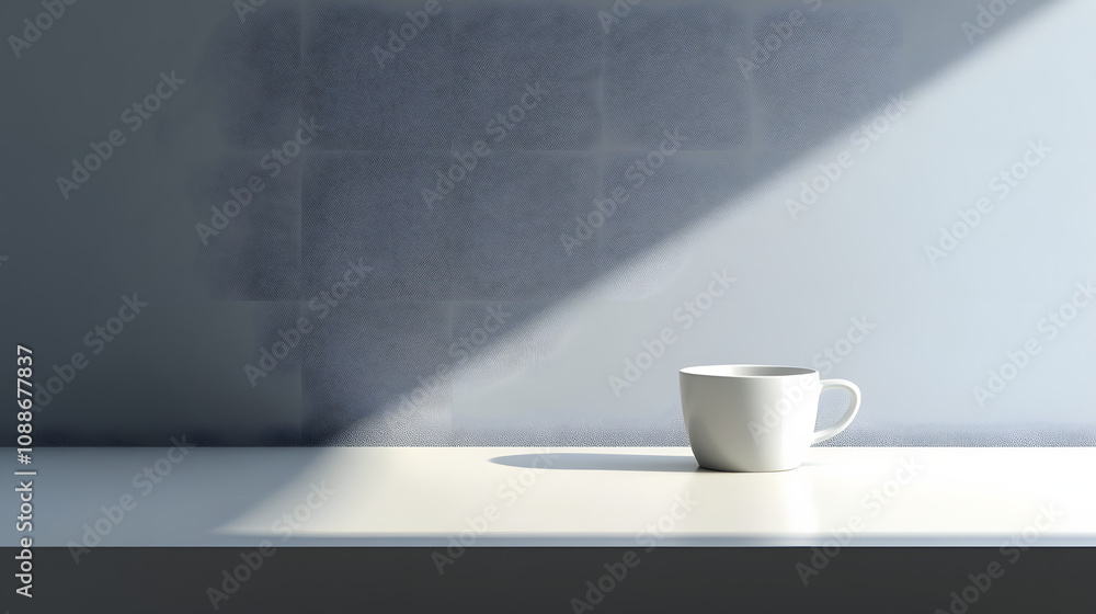 Single White Mug on White Table with Sunlight Single White Mug on White Table with Sunlight
