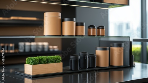 Modern display of stylish storage containers on sleek shelves, featuring natural elements and a minimalistic design.