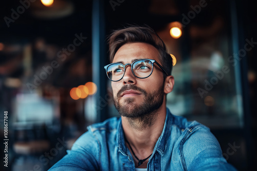 Thoughtful Young Caucasian Man in Glasses and Denim Jacket Looking Away in a Stylish Indoor Setting.