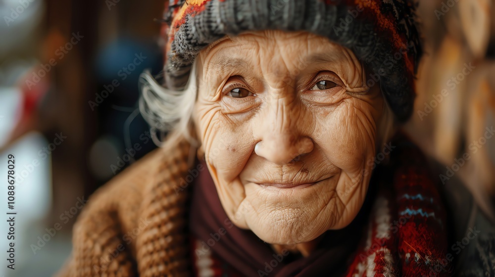 A close up portrait of an elderly woman, her face crinkled with age but her eyes sparkling with warmth. A close up portrait of an elderly woman, her face crinkled with age but her eyes sparkling with warmth.