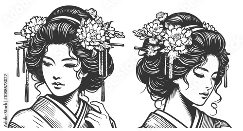 geisha in a floral-patterned kimono, asian woman sketch engraving generative ai fictional character vector illustration. Scratch board imitation. Black and white image.