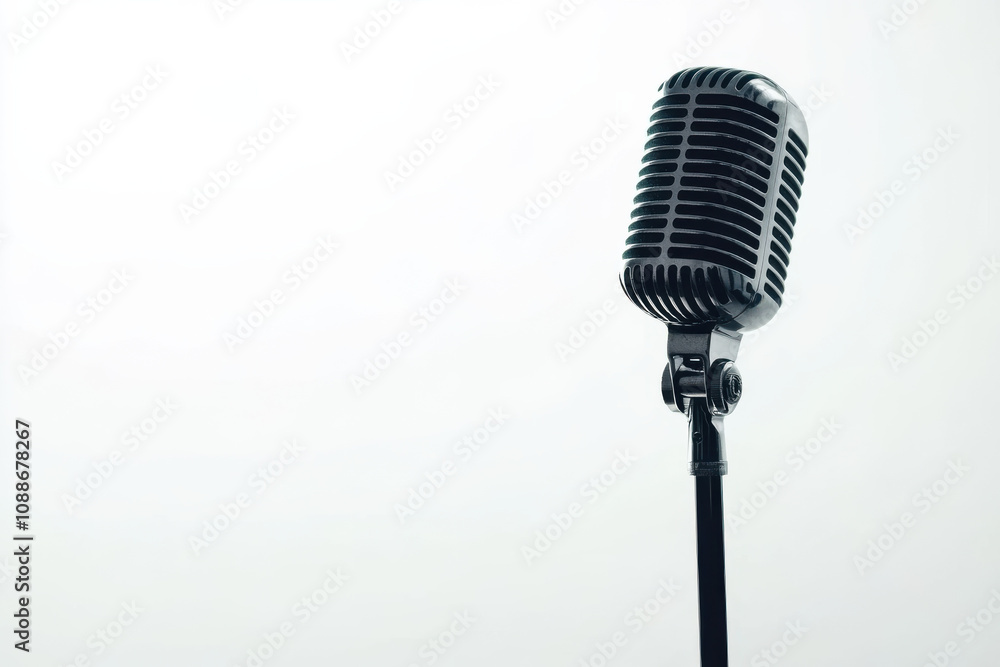 Fototapeta premium Classic microphone on stand with minimalist background, perfect for music or performance themes