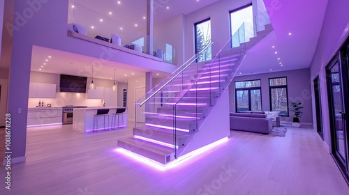 Modern open-concept home interior with glass staircase and purple LED lighting. photo