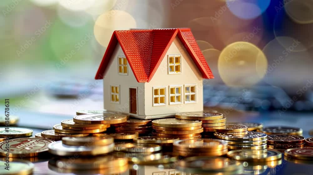 Miniature House Model on Pile of Coins Representing Real Estate Investment and Financial Growth with Blurred Background of Bokeh Lights Miniature House Model on Pile of Coins Representing Real Estate Investment and Financial Growth with Blurred Background of Bokeh Lights