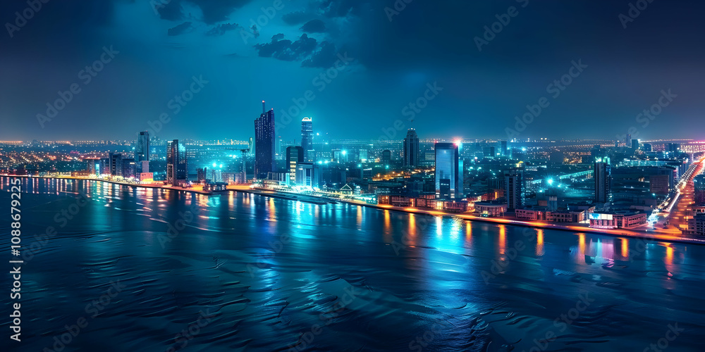 Night cityscape panorama: illuminated skyscrapers reflect on dark blue water, creating a vibrant, modern urban scene. Night cityscape panorama: illuminated skyscrapers reflect on dark blue water, creating a vibrant, modern urban scene.