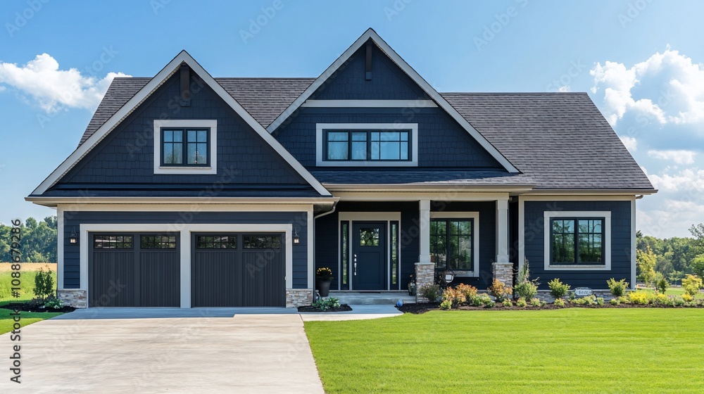 Obraz premium Two-story navy blue house with attached garage, landscaping, and driveway.